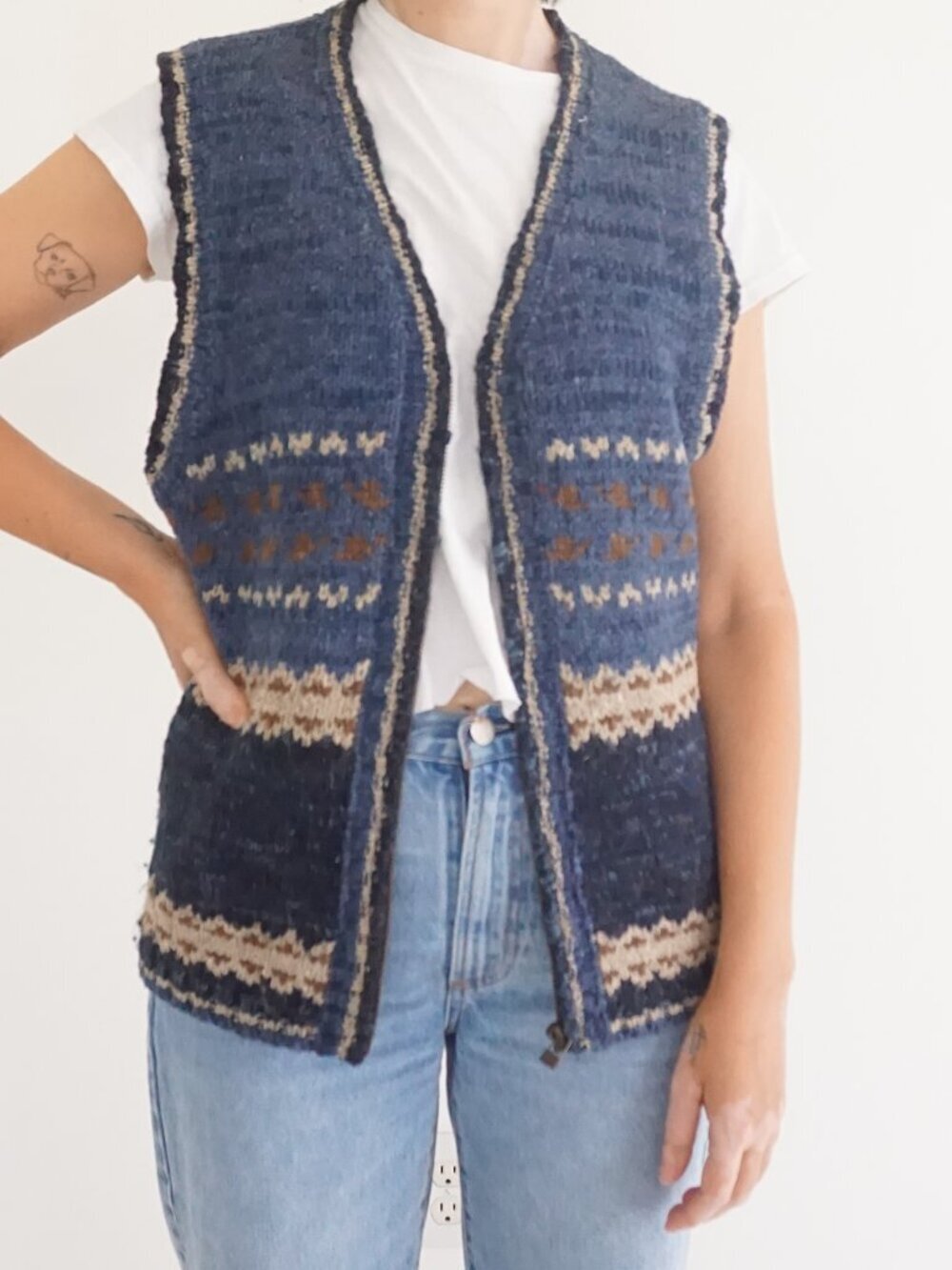 Vintage St Johns Bay Blue Fair Isle Nordic Zip Front Knit Sweater Vest Wool L